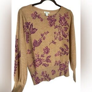 Sundance wool crewneck tan sweater with floral print medium.  Like new